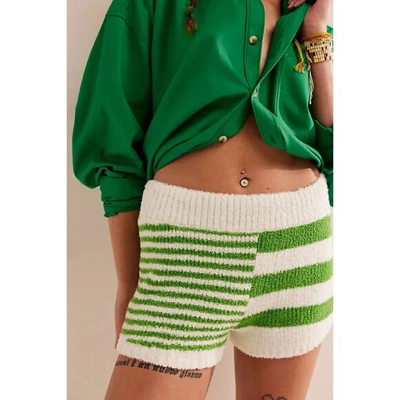 FREE PEOPLE BEACH Orlanda Stretch Sweater Knit Micro Shorts Green Stripe SZ M - Picture 1 of 6